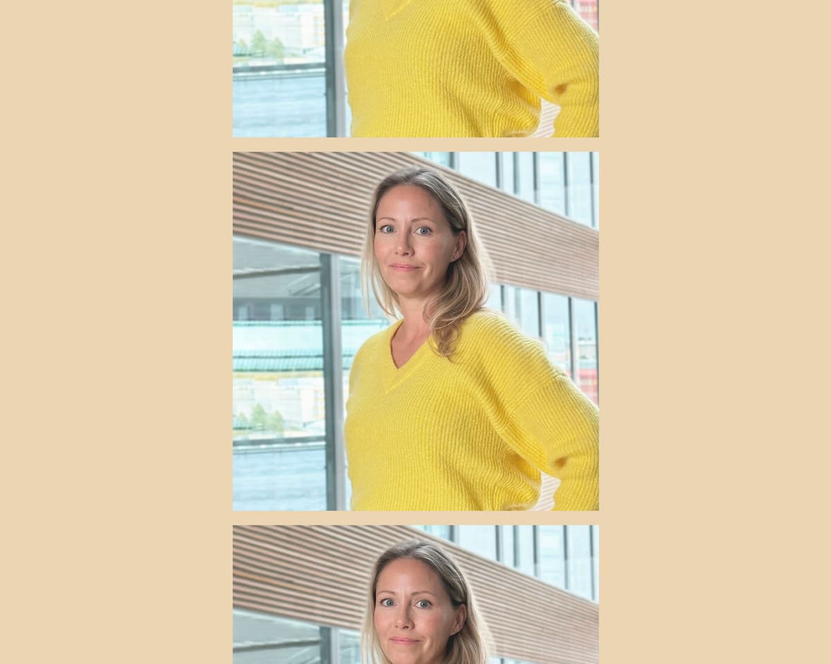 Gul bakgrund med porträttbilder på Anna Boustedt